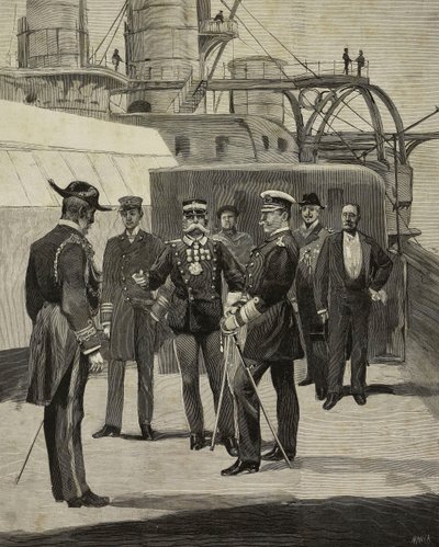 Kejsar Wilhelm II av Tyskland (1859-1941) besöker slagskeppet Sicilia, Venedig, Italien, teckning av E X från L