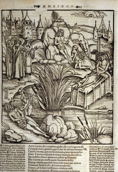 Eneide de Virgil (70 f.Kr.-19 f.Kr.), Bok XII, den trojanska hjälten Enee behandlas mirakulöst av Venus, han bestämde sig då för att storma staden Latinus. Kungen av Lazio dör (höger) och det är Enee som kommer att bli kungen som märger dottern till framli av Unknown artist