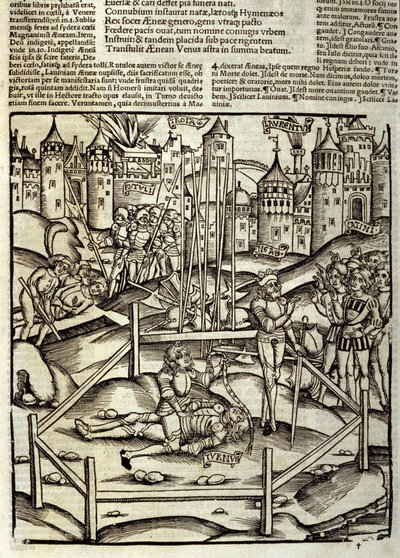 Eneide de Virgil (70 f.Kr.-19 f.Kr.), Bok XII, dödar de trojanska hjältarna Enee i en Turnus-strid under ögonen på latinerna och Rutules. Xylografi av Sebastian Brant (1458-1521). Strasbourg av Unknown artist