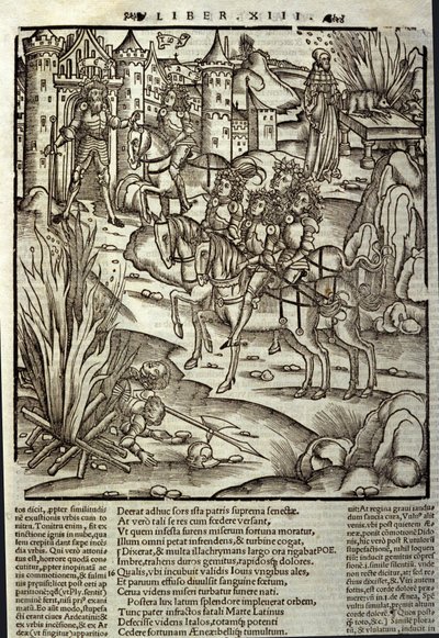 Eneide de Virgil (70 f.Kr.-19 f.Kr.), bok XIII (supplementum), de trojanska hjältarna Enee tar emot latinerna, uppoffringar görs för att hedra krigets offer. Xylografi av Sebastian Brant (1458-1521). Strasbourg av Unknown artist
