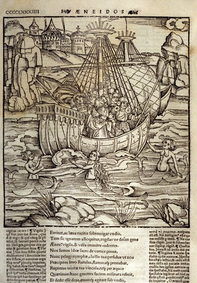 Eneide de Virgil (70 f.Kr.-19 f.Kr.), de trojanska hjältarna Enee och hans följeslagare korsar ett hav fullt av siren. Xylografi av Sebastian Brant (1458-1521). Strasbourg av Unknown artist