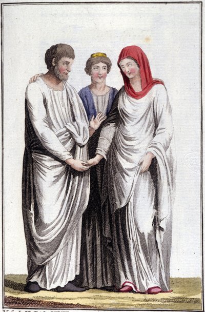 Förlovning eller löfte om äktenskap: dextrarum iunctio eller förening av raka händer. Gravyr av 1800-talet. av Unknown artist