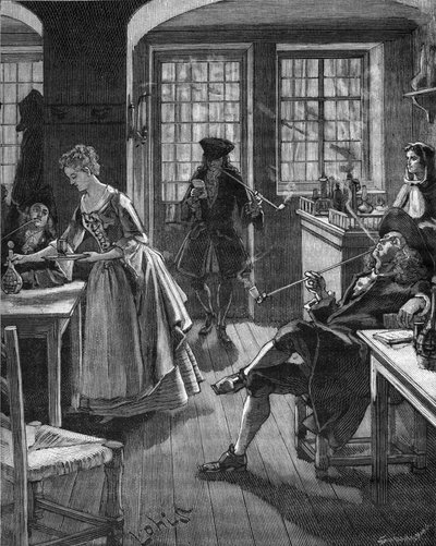 England, sent 1600-tal: män som röker på ett kafé. Gravyr av 1800-talet. I "Histoire de France" av Jules Michelet av Unknown artist