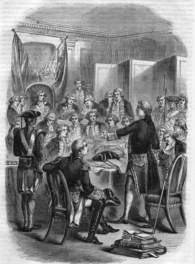 Engelske amiralen Augustus Keppel före krigsrådet efter SJÖSLAGNET VID OUESANT (100 nautiska mil väster om ön, under det amerikanska frihetskriget) den 27 juli 1778. av Unknown artist