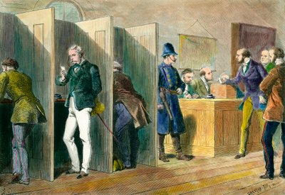 Engelsk demokrati: Inuti en vallokal under val i England med representation av valstugorna. Gravyr av 1800-talet. Coll. Ut. av Unknown artist