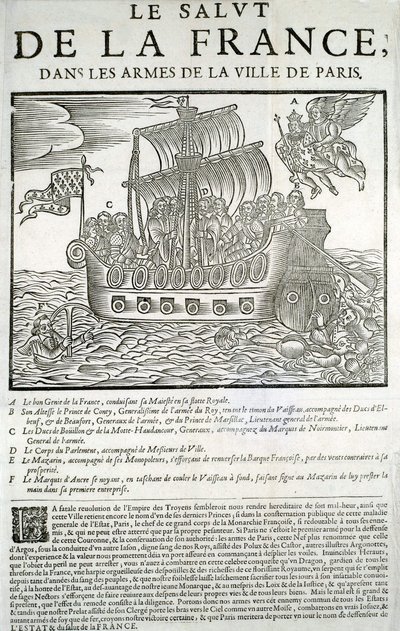 Graverat trä. Mazarinades politiska broschyr: "" Frankrikes frälsning, i armarna på staden Paris"" A - Frankrikes goda geni, som förtär hans majestät (Louis XIII) i sin kungliga flotta, B - Prince de Conty, C - Duc de Bouillon et de la Motte-Hauda av Unknown artist