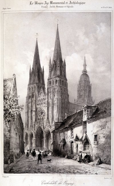Gravyr av Bayeux-katedralen publicerad i "Den monumentala och arkeologiska medeltiden"". 1800-talet av Unknown artist