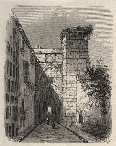 Ingången till den arabiska Medrese (gymnasiet) i Jerusalem där templets Mesha-stele begravdes - gravyr i "The Illustrious World"" i januari 1873 av Unknown artist
