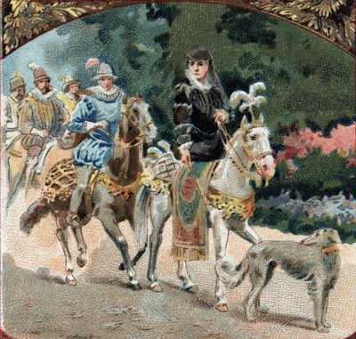 Karl IX:s (1550-1574) och Catherine de Medicis (Caterina de Medici) (1519-1589) inträde i slottet Chenonceaux. Kromolitografi från slutet av 1800-talet av Unknown artist
