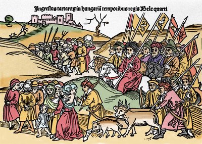 Tartarernas intåg i Ungern under Bela IV (1235-1270) av Ungern. Gravyr från "Chronica Hungariae". Biblioteca Marciana, Venedig. av Unknown artist