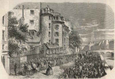 Polisprefekturens intåg vid rue de Jerusalem i hörnet av Quai des Orfevres i Paris på 1800-talet före 1871 - Gravyr i "Tableau-de-Paris" av Edmond Texier 1852. av Unknown artist