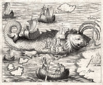 Avsnitt av Legenden om Saint Brandan (Brendan): en fantastisk resa för den irländska abbeden från 600-talet på jakt efter ett jordiskt paradis. Tryck från 1621. av Unknown artist