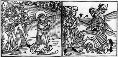 Avsnitt av Saint Donats liv (död omkring 355) Gravyr från "Leben der Heiligen - sommerteil" (Helgonets bok) av Jacobus (James) av Voragine (1228-1298). Lübeck 1488. av Unknown artist