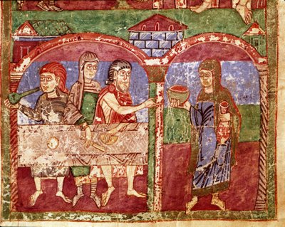 Avsnitt av livet för Sainte Radegonde (Radegundis) de Poitiers (519-587), hustru till Clotaire I, frankernas kung: Radegonde tjänar under hans välgörenhetsarbete vid de fattigas bord. Miniatyr från ett 1000-talsmanuskript. Poitiers kommunala bibliotek av Unknown artist