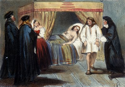 Avsnitt av manlighetstestet av Vincent I Gonzague (1562 - 1612), hertig av Mantua, för hans äktenskap med dottern till François de Medici, Eléonore 1584. Han misstänktes för att inte ha några arvingar. Litografi från 1800-talet. av Unknown artist