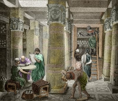 Eruditer i biblioteket i Alexandria, förstört 642, Egypten) (Utsikt över biblioteket i Alexandria, Egypten) 1800-talet (gravyr) av Unknown artist