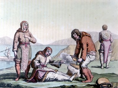 Eskimåer tänder eld genom att gnugga träbitar. av Unknown artist