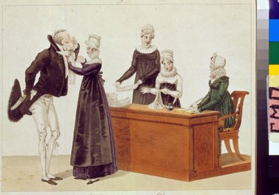 Beskär prova på. Anonymt verk, akvarell på papper, ca 1815. 1800-talskarikatyr. Statens museum för A.S. Pushkin, Moskva. av Unknown artist