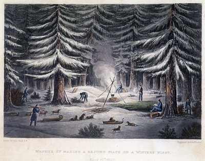 Etablering av ett läger under en vinternatt - i "" Berättelse om en resa till polarhavets stränder åren 1819-1821", av John Franklin, red. London av Unknown artist