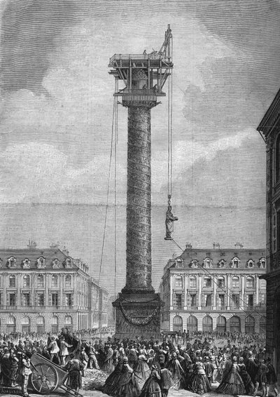 Etablering av den nya statyn (som representerar Napoleon I) ovanför kolonnen på Place Vendome i 1:a arrondissementet i Paris den 4 november av Unknown artist