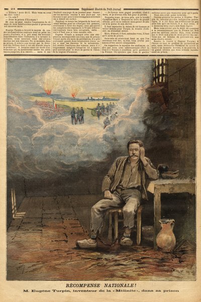 Eugene Turpin (1848-1927) kemist, uppfinnare 1884 av melinit (en sprängämne), i sin cell, anklagad (felaktigt) för att ha sålt sin uppfinning till fienden. Han inspirerar Jules Verne till karaktären Thomas Roch i romanen "Face au drapeau". Gravering i av Unknown artist