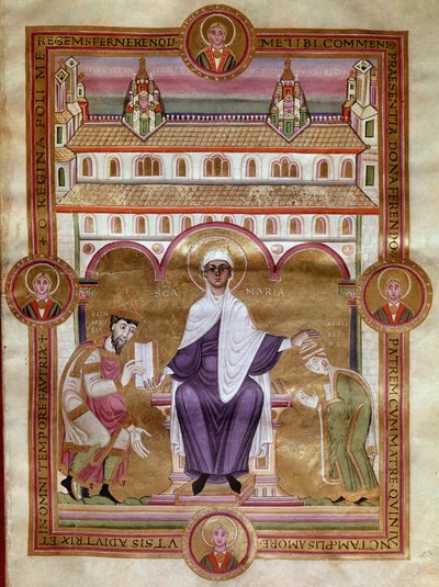 Evangelical Page (Golden Bible) av kejsar Henrik III säger att svart (1017-1056) representerar att knäböja med sin fru Agnes d
