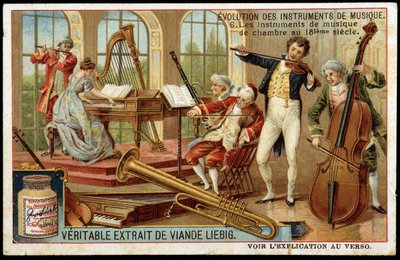 Utveckling av musikinstrument: kammarmusikinstrument på 1700-talet - chromo Liébig. av Unknown artist