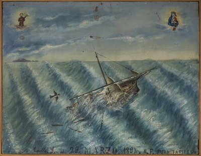 Ex-voto (ex voto) sjöman, populärt erbjudande som ett löfte om hängivenhet och tacksamhet för sjömannen som överlever till farorna med havet som kommer från kyrkan Carmine, Torre del Greco, nära Neapel, 29/03/1894 Italien av Unknown artist