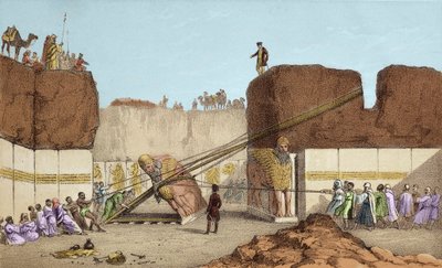 Utgrävningar av Nineve (Nineve) - Ruinerna av Nimrud (Nimroud) av Henri Layard (efter hans resa till Mesopotamien på 1800-talet); ersättning av den stora tjurvingen -Sändningen av en bevingad tjur från Nimrud, under utgrävningarna av Sir Austen Henry av Unknown artist