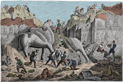Utgrävningar utförda av Paul-Emile (Paul Emile) Botta, Frankrikes konsul i Nineve på platsen för Khorsabad (Khunsabad), tidigare assyriska huvudstaden norr om Mosul. Irak. Gravyr av 1800-talet. av Unknown artist