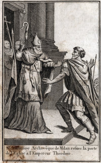 Exkommunikation: St Ambrosius av Milanos båge (Aurelius Ambrosius, Ambrogio di Milano (340-397) vägrar kyrkdörren till den romerske kejsaren Theodosius I (Flavius Theodosius) (347-395) för att straffa honom för massakern i Thessaloniki i 390. Gravyr i av Unknown artist
