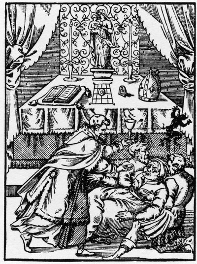 Exorcism: en demon lämnar kroppen av en häxbesatt medan en präst erbjuder honom nattvard - Gravering av "" underbara berättelser" av Pierre Boaistuau av Unknown artist
