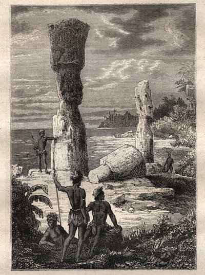 Expedition runt om i världen (1785-1788) av Jean Francois Galaup de La Perouse (1741-1788): ursprungsbefolkningen på Påskön som tittar på monumentala statyer (Moai) - illustration hämtad från "The Great Mariners of the 18th century"" av Unknown artist