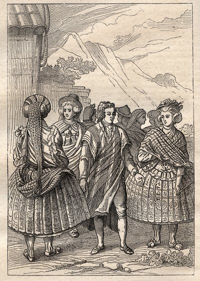 Expedition runt om i världen (1785-1788) av Jean Francois Galaup de La Perouse (1741-1788): kostymer av invånarna i Concepcion (Chile) - illustration hämtad från "The Great Mariners of the 18th century"" av Unknown artist