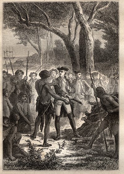 Expedition av Nicolas Thomas Marion-Dufresne (Marion Dufresne) (1729-1772): Marion gick i land i Frederick Henry Bay (Tasmanien) och erbjöds en brandon antänd av ursprungsbefolkningen - illustrationen hämtad från "The Great Mariners of the 18th century"" av Unknown artist