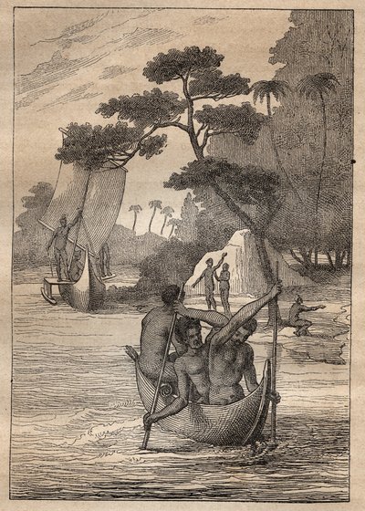 Expedition av Nicolas Thomas Marion-Dufresne (Marion Dufresne) (1729-1772): kanoter från öarna Admiraut (Bismarck Archipelago, Papua Nya Guinea) - illustration hämtad från "" The Great Mariners of the 18th century""" av Unknown artist
