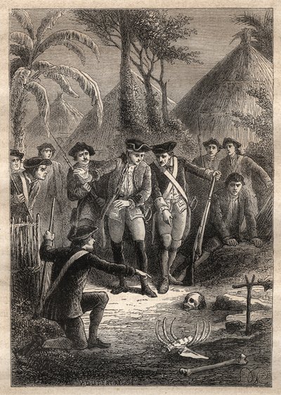 Expedition av Nicolas Thomas Marion-Dufresne (Marion Dufresne) (1729-1772): på jakt efter Marion och deras försvunna kamrater upptäcker sjömän en dödskalle och mänskliga kvarlevor i byn Tacouri (Matuaro Island, Nya Zeeland) - illustration hämtad från " Den av Unknown artist