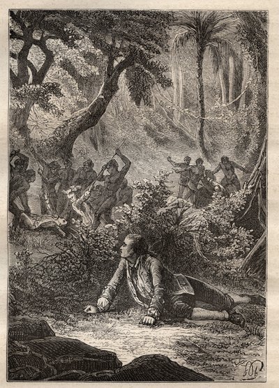 Expedition av Nicolas Thomas Marion-Dufresne (Marion Dufresne) (1729-1772): den enda överlevande sjömannen bevittnade massakern på alla sina kamrater, inklusive Marion, av infödingarna i Assassins Bay (Matuaro Island, Nya Zeeland) - illustration hämtad frå av Unknown artist