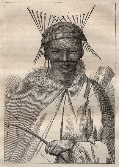 Expedition till det inre av Sydafrikas länder (1775) av Anders Sparrman (1748-1820): en boschiman (Bochiman eller San, ursprungsbefolkning i södra Afrika) - illustration hämtad från "The Great Mariners of the 18th century"" av Unknown artist