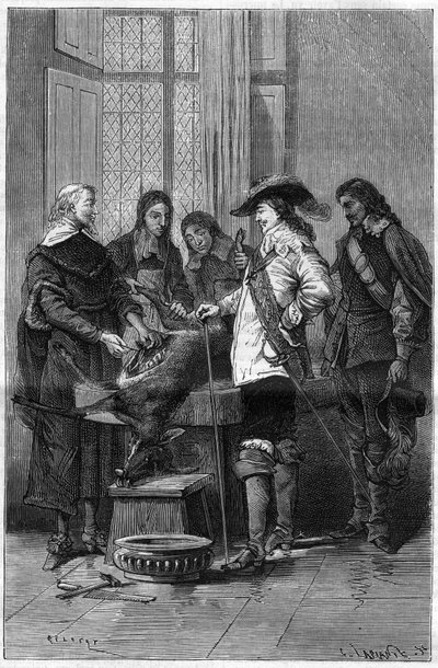 Erfarenhet av William Harvey (1578-1657), engelsk läkare som visar Charles I Stuart (1600-1649) kung av England och läkare vid Royal College of London fenomenet blodcirkulation på en levande doe. Gravyr i "" La Nature"" av Unknown artist