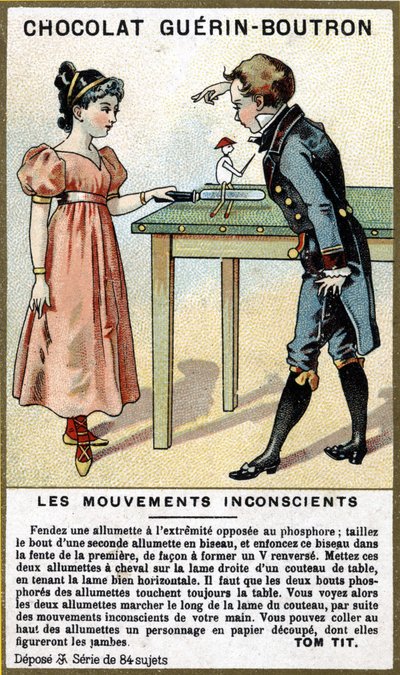 Erfarenhet av två barn med tändstickor och kniv. Kromolitografi av chokladförpackningar Guérin Boutron. av Unknown artist