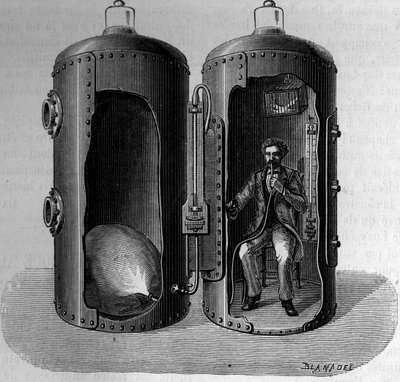 Erfarenhet av barometertryck av fysiologen Paul Bert (1833-1886): inandning av sursyrehaltig luft, vidgas genom att trycket minskar. Gravyr i "" La Nature: revue des sciences et de leurs applications aux arts et a l