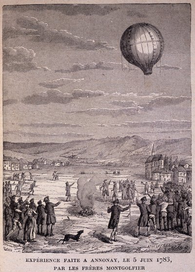 Experiment gjort på Annonay den 5 juni 1783 av Montgolfier Brothers - i "" Les Contemporains", n.d. sent 1800-tal. av Unknown artist