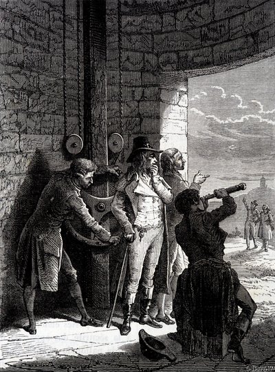 Experiment med Chappe-telegrafen som gjordes den 12 juli 1793, från Ménilmontant till Saint-Martin-du-Tertre inför konventets kommissionärer - i "" Industrins underverk"" av Louis Figuier av Unknown artist