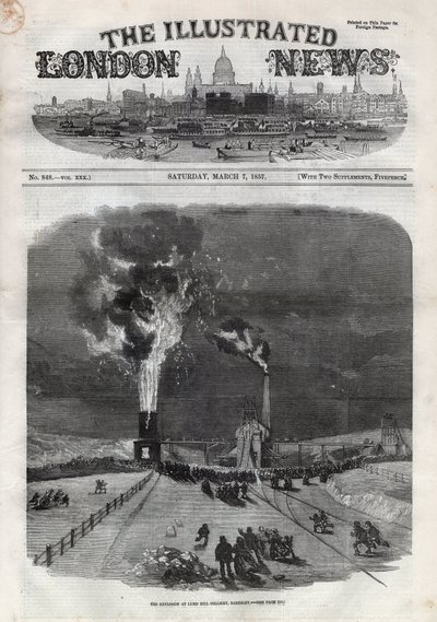 Explosion vid kolgruvan Lund Hill (Lundhill) i Barnsley, England. En tidning. Gravyr i "" The Illustrated London News"" av 7 mars av Unknown artist