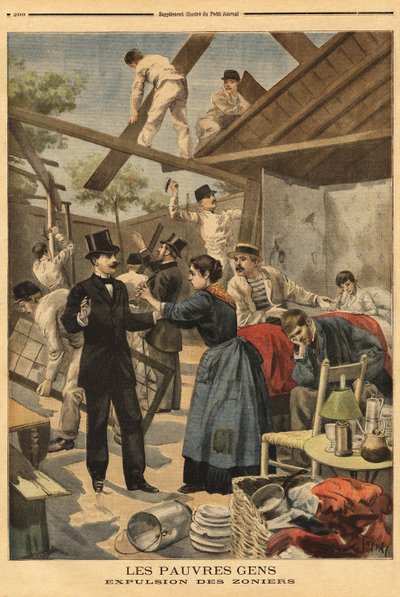 Utvisning och inslag av barackerna uppsatta på militärzonen vid Gentillyporten. Illustration i "" Le petit journal"" 1895-06-23. av Unknown artist