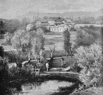 Exteriör vy av fiskodlingen Huningue. I "Album of Science", Editions Jouvet av Unknown artist