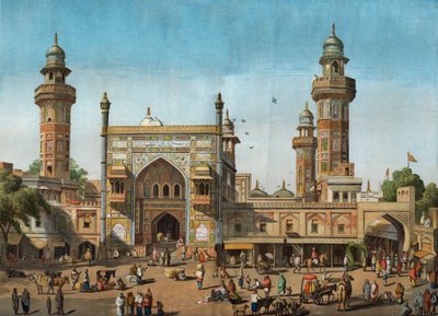 Yttersida av Wazir Khan-moskén i Lahore, Pakistan. Gravyr i "" The illustrated London News "" av 22 maj 1858. av Unknown artist
