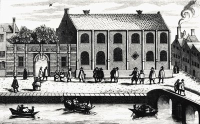 Exteriörvy av byggnaden vid universitetet i Leiden grundad 1575 av Guillaume de Nassau. Gravyr efter "" Illustrium Hollandiae, etc, Ordinum, Alma academia Leydensis"" av Unknown artist
