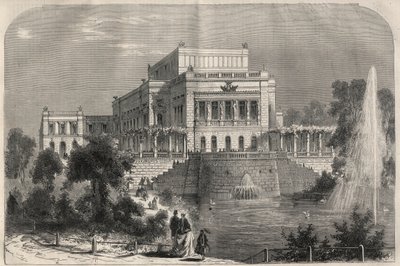 Exteriör vy av den nya teatern i Leipzig, Tyskland. Gravyr i "" L